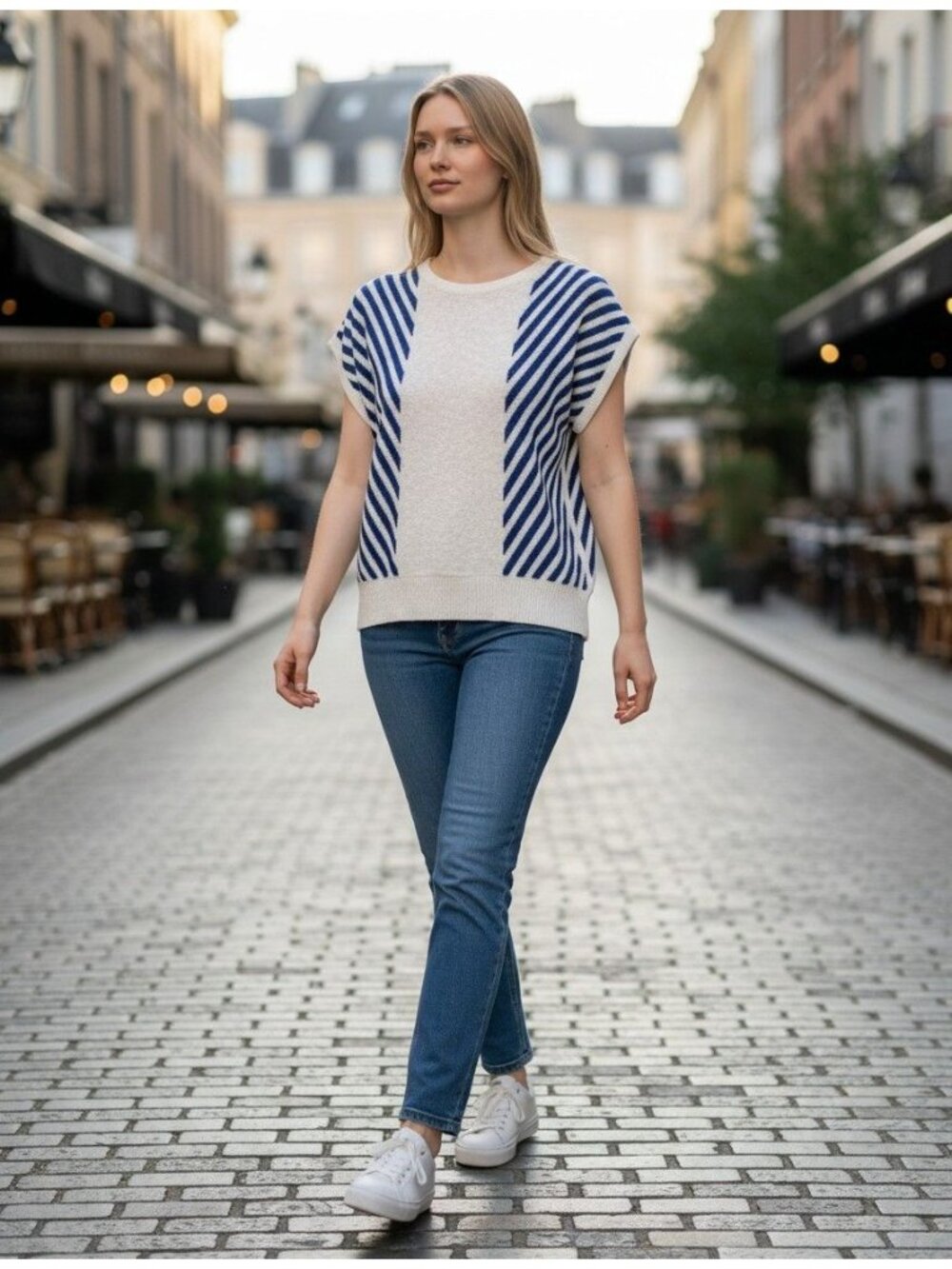 Haberdashery Collection  Striped Blue White Knit Short Sleeve Sweater 1X Vintage